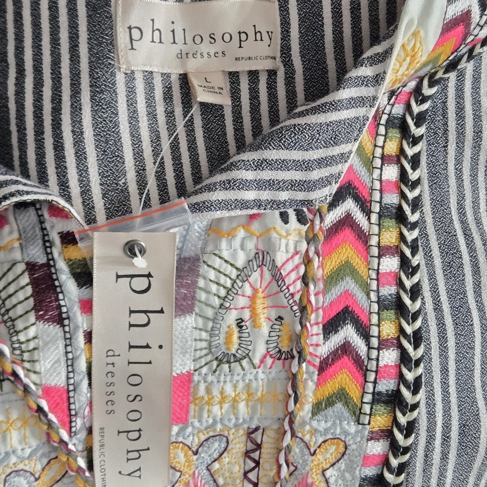 Philosophy Revolve Embroidered Tassel Striped Bohemian Tunic Dress Women's Sz L - Picture 11 of 13